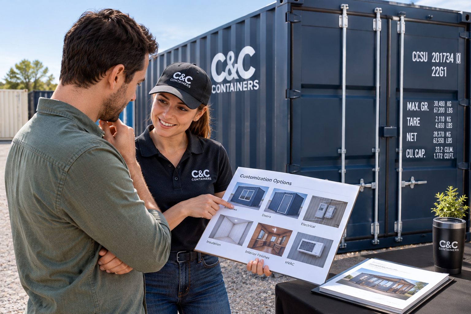 A C&C team member shows a customer a board of customization options, including windows, doors, electrical, insulation, interior finishes, and HVAC, in front of a navy container