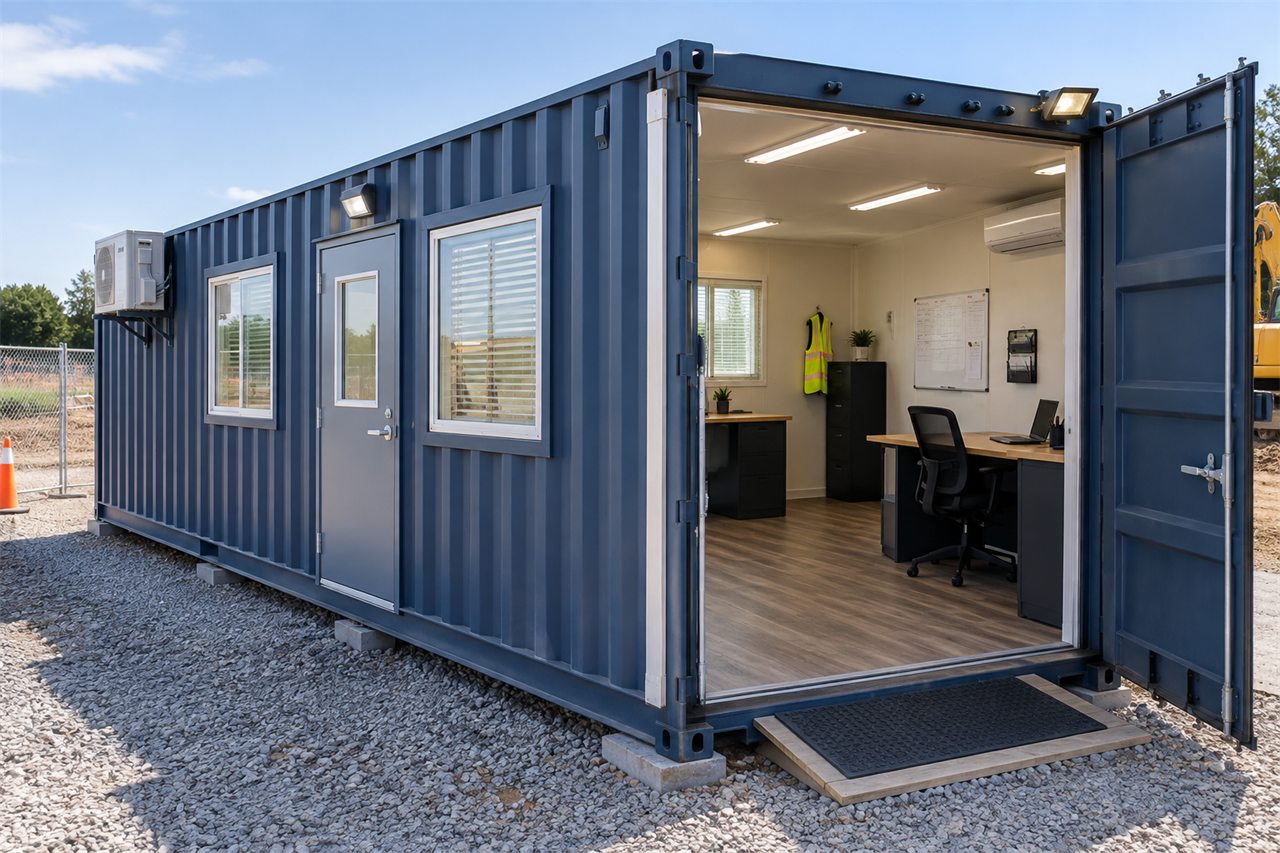 A navy container office on a gravel jobsite, with a personnel door, two windows, an air conditioner, and open end doors showing desks and lighting inside