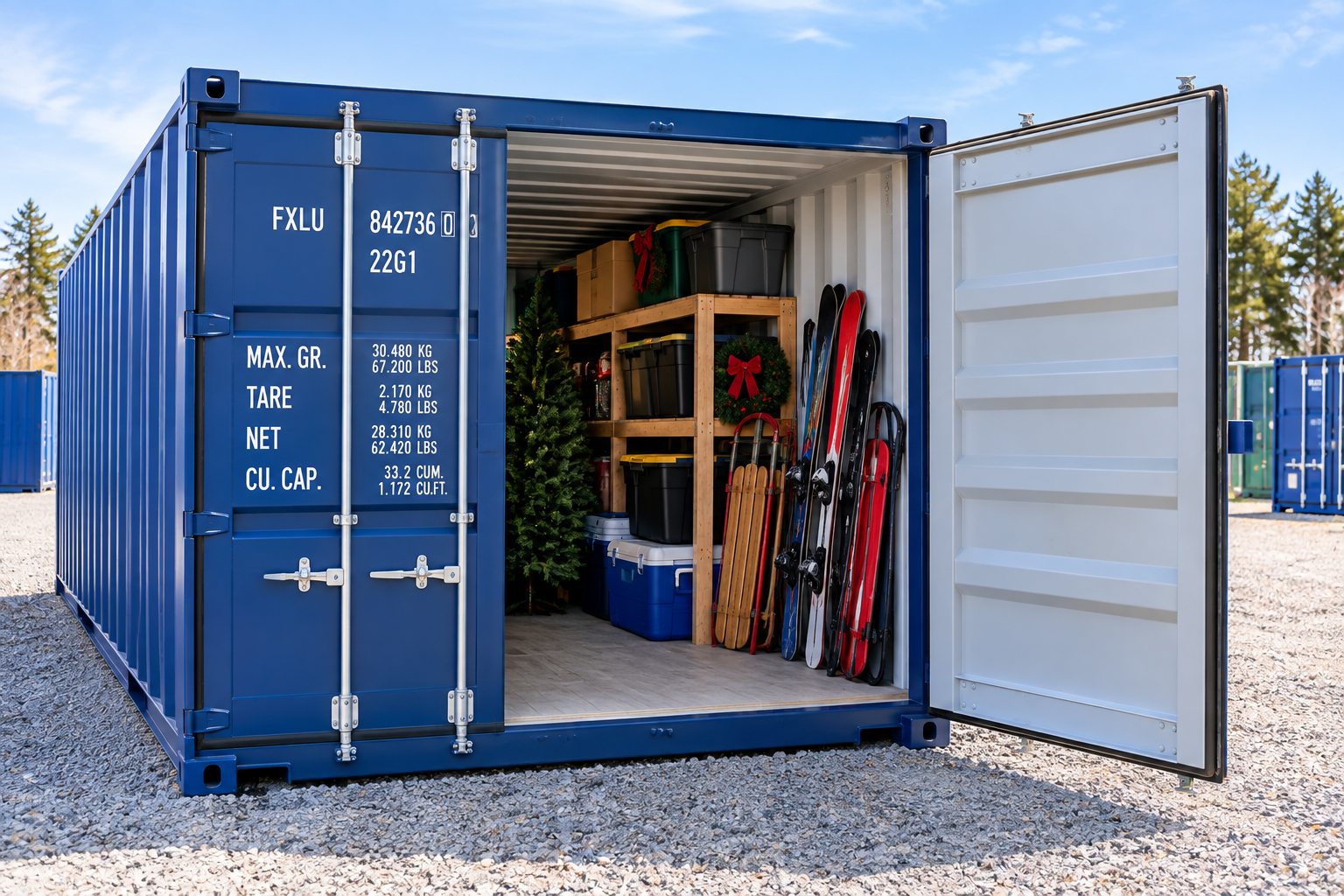 A blue shipping container with one door open, showing a holiday tree, wreaths, and storage bins on wooden shelves, with skis, snowboards, and sleds along the wall